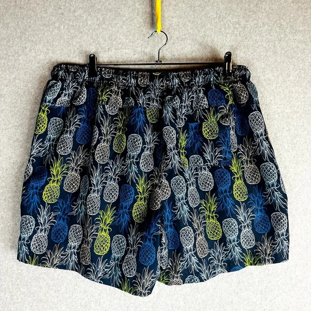 DSG Mens Sz 2XL Swim Trunks Lined Blue Pineapple Fruit Pockets Elastic Waist